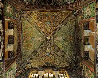 Byzantine scrolls on a ceiling of Basilica of San Vitale, Ravenna, unknown architect or craftsman, begun in c.532 and consecrated in 548