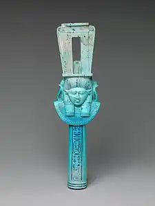Ancient Egyptian sistrum with a Hathor mascaron, c.305–282 BC, faience, Metropolitan Museum of Art