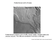 Fretted terrain of Ismenius Lacus showing flat floored valleys and cliffs.  Photo taken with Mars Orbiter Camera (MOC)on the Mars Global Surveyor, under the MOC Public Targeting Program.