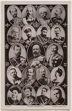 Image 7Postcard from 1908 showing nineteen of the world's reigning monarchs: (left to right)King Rama V/Chulalongkorn of Siam (modern Thailand), King George I of Greece, King Peter I of Serbia, King Carol I of Romania, Emperor and King Franz Joseph of Austria-Hungary, Tzar (King) Ferdinand I of Bulgaria, Padishah (Emperor) Abdul Hamid II of the Ottoman Empire, King Victor Emmanuel III of Italy, Emperor Nicholas II of the Russia, King Edward VII of the United Kingdom, Emperor Wilhelm II of Germany, King Gustav V of Sweden, King Haakon VII of Norway, King Frederik VIII of Denmark, Queen Wilhelmina of the Netherlands, Guangxu Emperor of China, Meiji Emperor of Japan, King Manuel II of Portugal and King Alfonso XIII of Spain. (from Monarch)