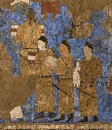 Tang dynasty emissaries at the court of Varkhuman in Samarkand carrying silk and a string of silkworm cocoons, 648-651 CE, Afrasiyab murals, Samarkand