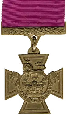 A bronze cross pattée bearing the crown of Saint Edward surmounted by a lion with the inscription 'FOR VALOUR'. A crimson ribbon is attached.