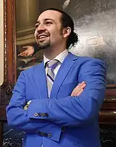 Lin-Manuel Miranda speaking at the office of the United States Secretary of the Treasury, Washington, DC.