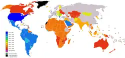 World map that shows in which time the countries gained independence from Colonial powers