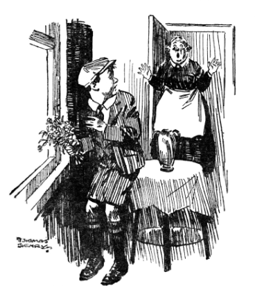 William standing at the window with the flowers in his hand, with a
shocked woman standing in the doorway.
