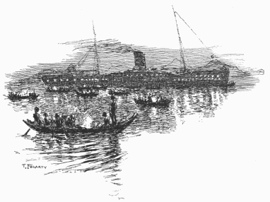 A contrast in lighting&mdash;the electric lights of the
Colombia and the canoe fires of the Fortescue Indians.