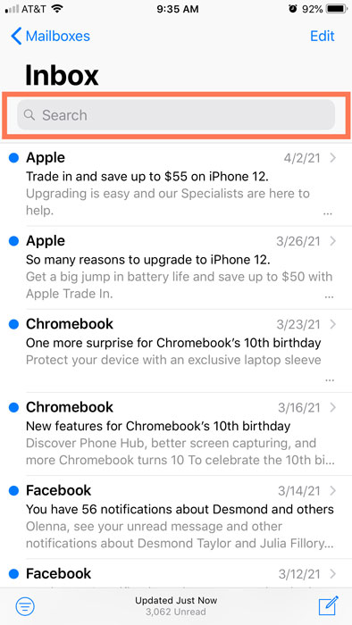 Search bar in Mail app Search bar in Mail app