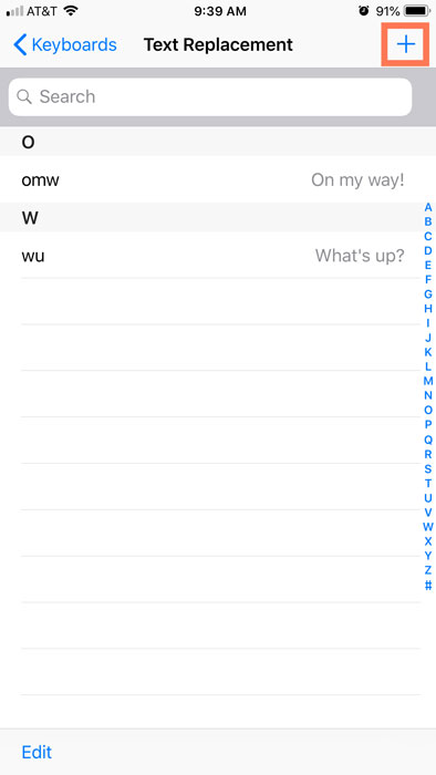 plus sign to add a text replacement shortcut plus sign to add a text replacement shortcut