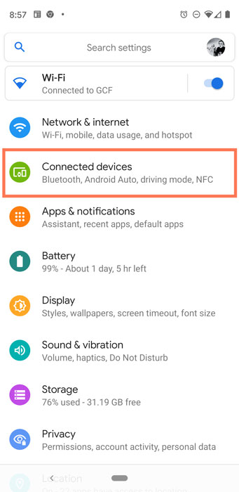 Connected devices menu on Android OS Connected devices menu on Android OS