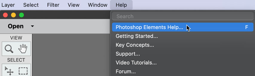 Help menu in Photoshop Elements Help menu in Photoshop Elements