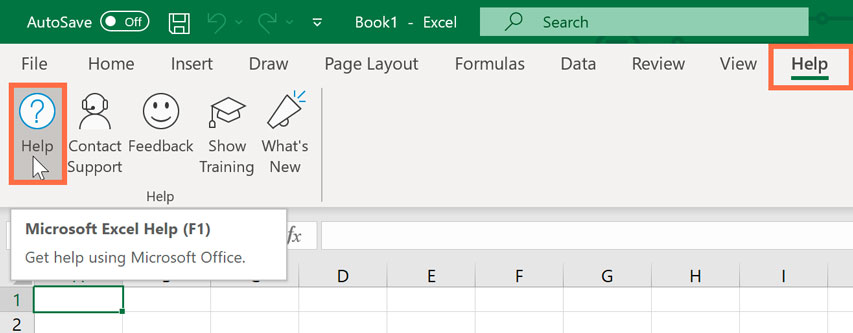 Help tab then the Help button in Excel Help tab then the Help button in Excel