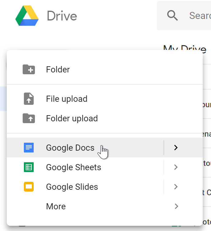 selecting Google Docs from menu selecting Google Docs from menu