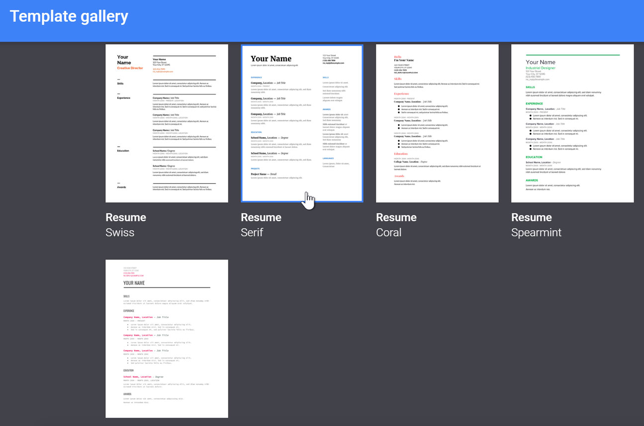 selecting a resume template in the template gallery selecting a resume template in the template gallery