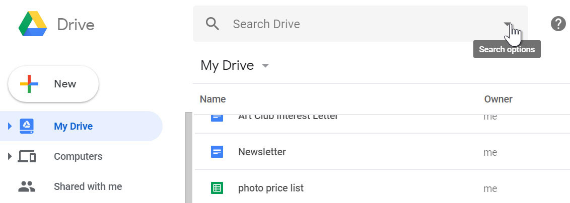Google Drive search options. Google Drive search options.