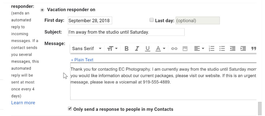 Typing a vacation reply Typing a vacation reply