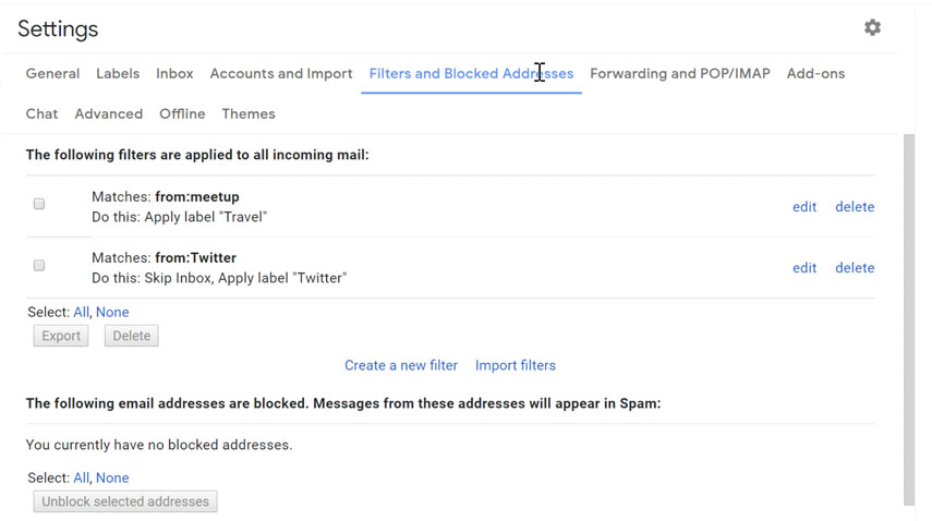 Managing filters Managing filters