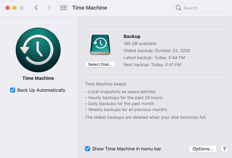 showing Time Machine for Mac OS 11 showing Time Machine for Mac OS 11