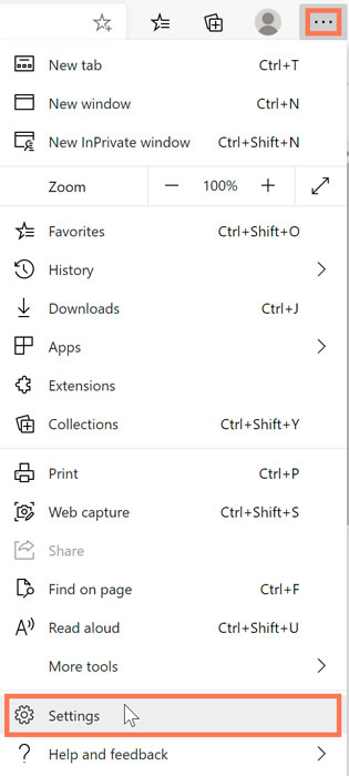 selecting Settings from the More menu using Microsoft Edge selecting Settings from the More menu using Microsoft Edge