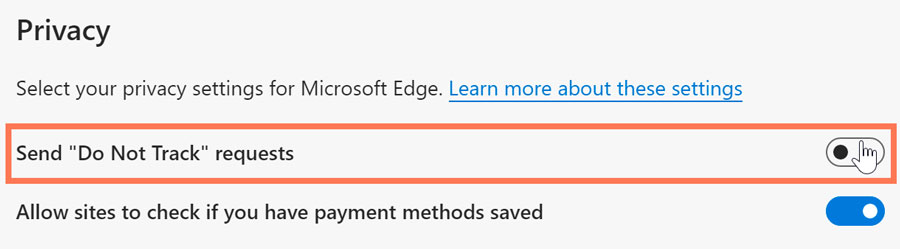 clicking the toggle to switch on Send "Do Not Track" requests clicking the toggle to switch on Send "Do Not Track" requests
