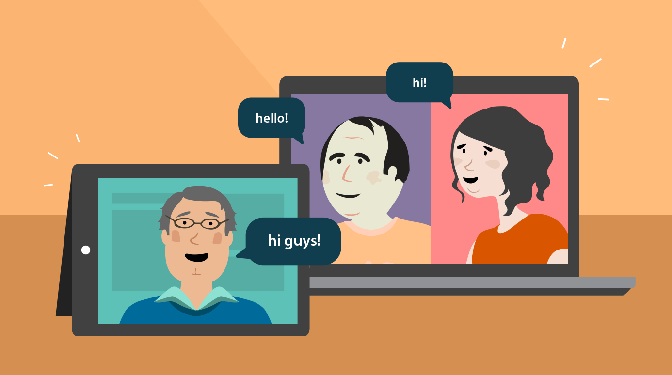 illustration of three people in an online group video chat illustration of three people in an online group video chat