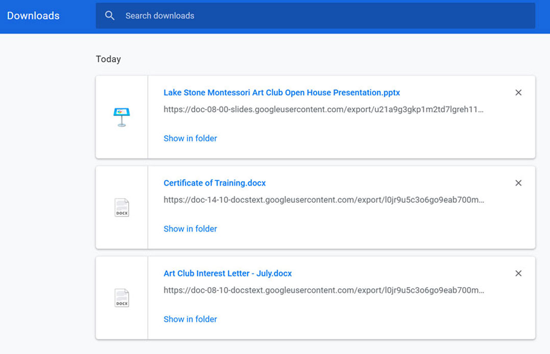 viewing a Google Chrome Downloads folder viewing a Google Chrome Downloads folder