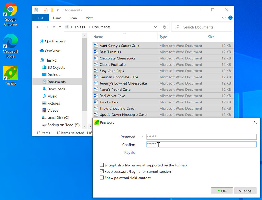 showing password protection using PeaZip showing password protection using PeaZip