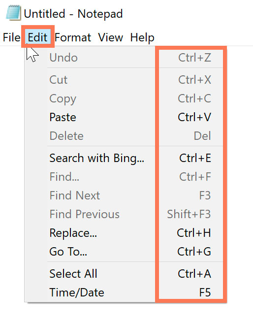 menu items with keyboard shortcuts menu items with keyboard shortcuts