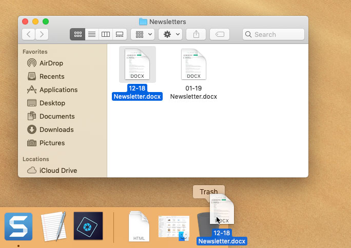 screenshot of dragging a file into the Trash bin screenshot of dragging a file into the Trash bin