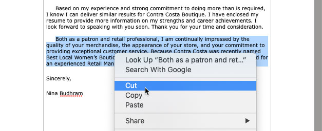 screenshot of clicking Cut after right-clicking selected text screenshot of clicking Cut after right-clicking selected text