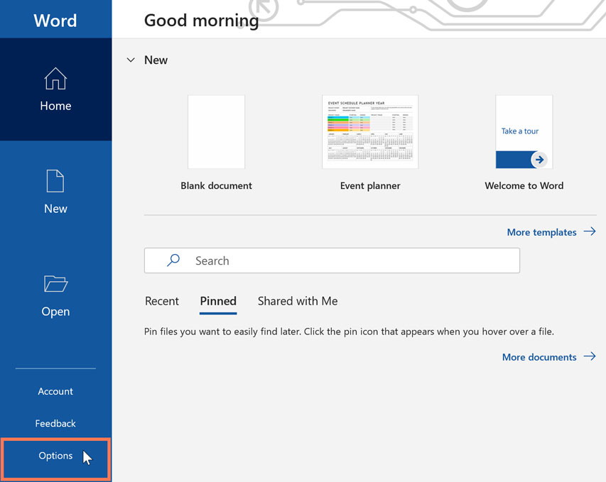 clicking Options within the application Microsoft Word clicking Options within the application Microsoft Word