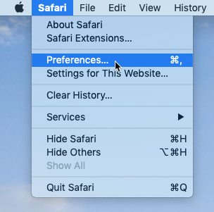 selecting Preferences from Safari's menu selecting Preferences from Safari's menu