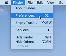 screenshot of selecting Preference's from Finder's menu screenshot of selecting Preference's from Finder's menu