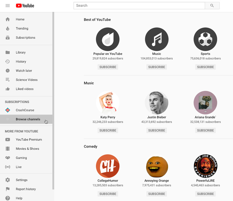 screenshot of the Browse Channels page on YouTube screenshot of the Browse Channels page on YouTube