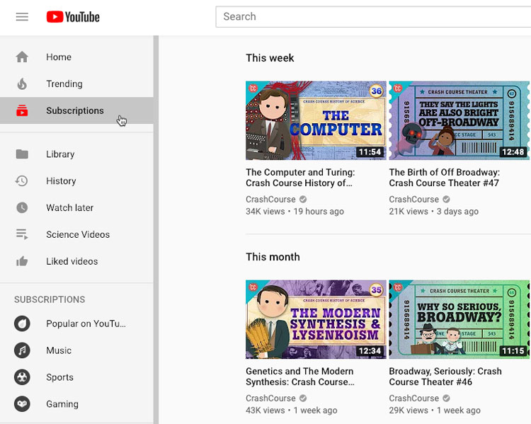 screenshot of the YouTube Subcscriptions tab screenshot of the YouTube Subcscriptions tab