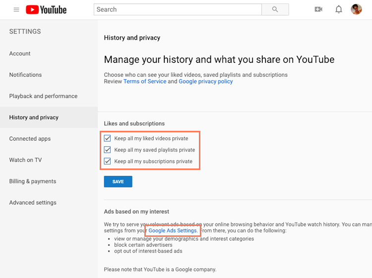 screenshot of the Privacy Settings page on YouTube screenshot of the Privacy Settings page on YouTube