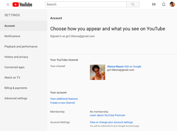 screenshot of the Account Settings page on YouTube screenshot of the Account Settings page on YouTube