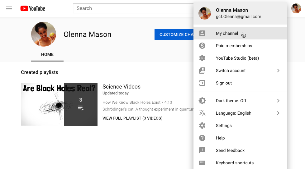 screenshot of how to access your channel on YouTube screenshot of how to access your channel on YouTube