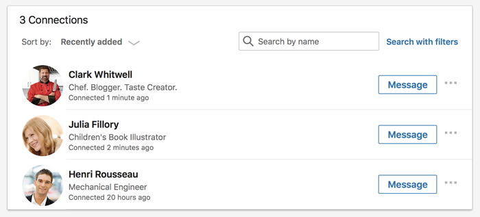 A screenshot of a LinkedIn connections page A screenshot of a LinkedIn connections page