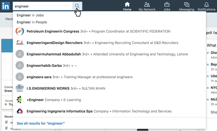 A screenshot of a LinkedIn search A screenshot of a LinkedIn search