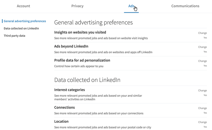 A screenshot of the LinkedIn Ads settings A screenshot of the LinkedIn Ads settings