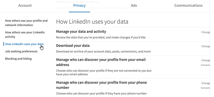 A screenshot of the LinkedIn privacy settings A screenshot of the LinkedIn privacy settings