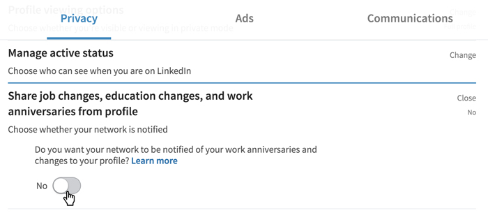A screenshot of a LinkedIn Privacy option A screenshot of a LinkedIn Privacy option