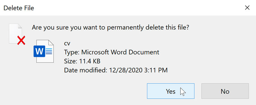 dialog box to confirm choice to delete the file dialog box to confirm choice to delete the file