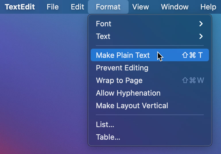 selecting Make Plain Text from the Format drop-down menu selecting Make Plain Text from the Format drop-down menu