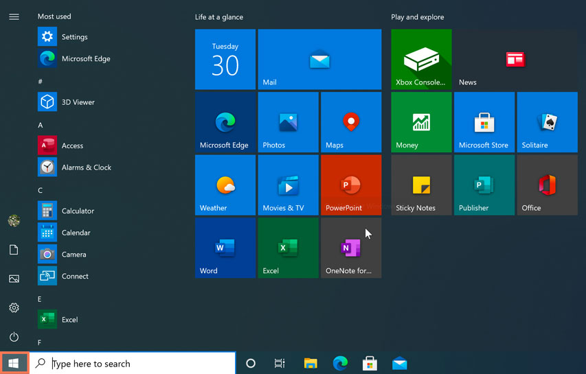opening an application from the Start menu in Windows 10 opening an application from the Start menu in Windows 10