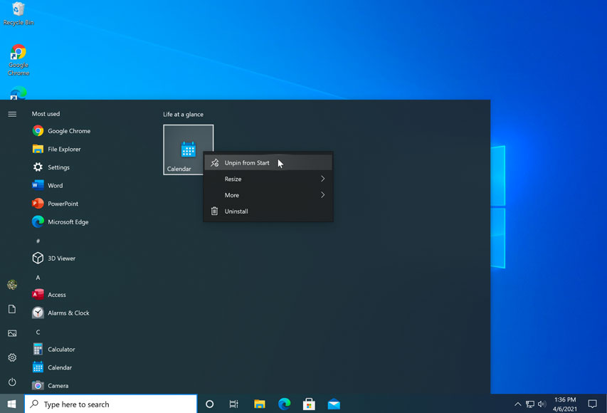 unpinning an app from the Start menu unpinning an app from the Start menu