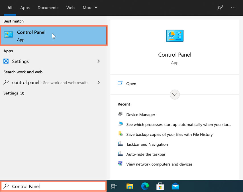 opening the Control Panel opening the Control Panel
