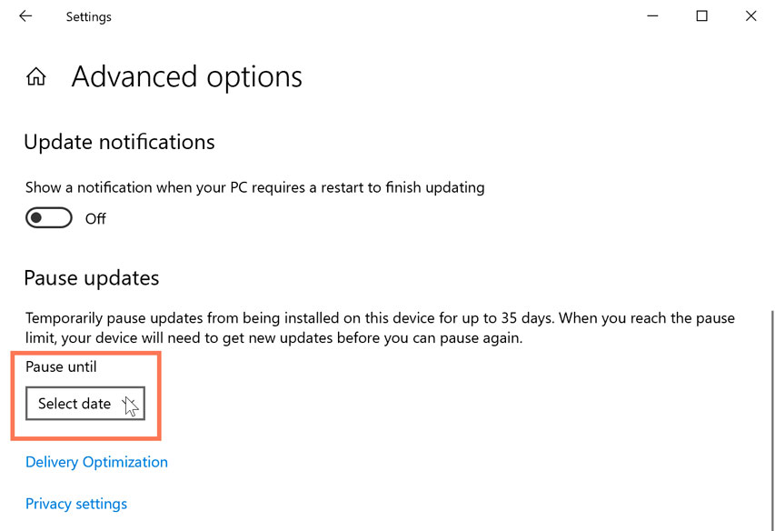 selecting a date to pause updates selecting a date to pause updates