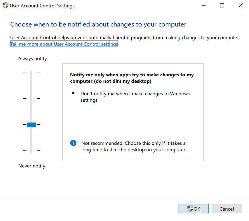 user account control settings user account control settings