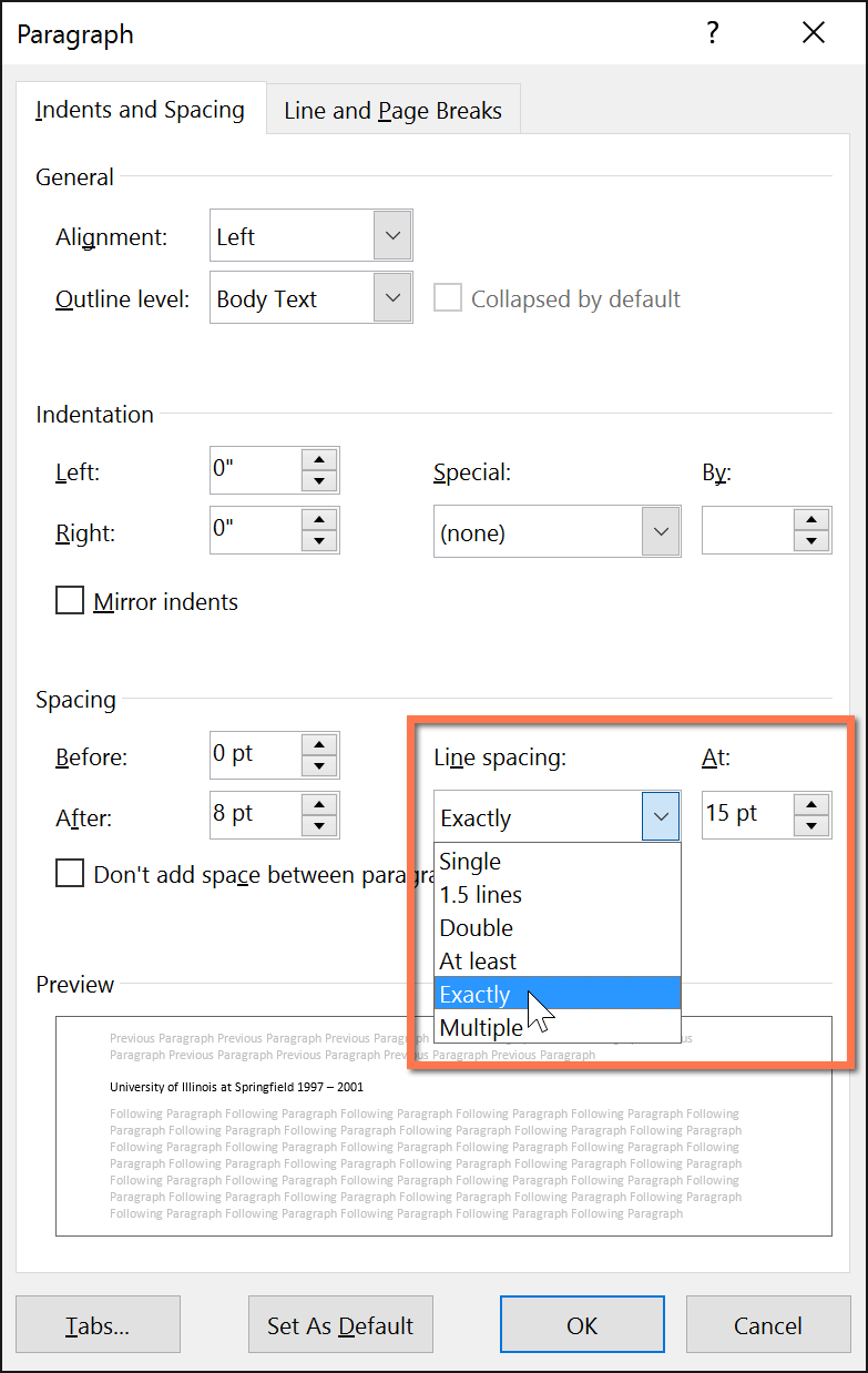 customizing line spacing in the Paragraph dialog box customizing line spacing in the Paragraph dialog box